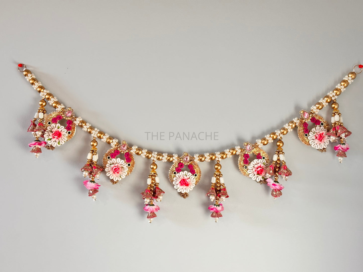 Pink Flower Mini Cone Golden Beads Kodi Toran
