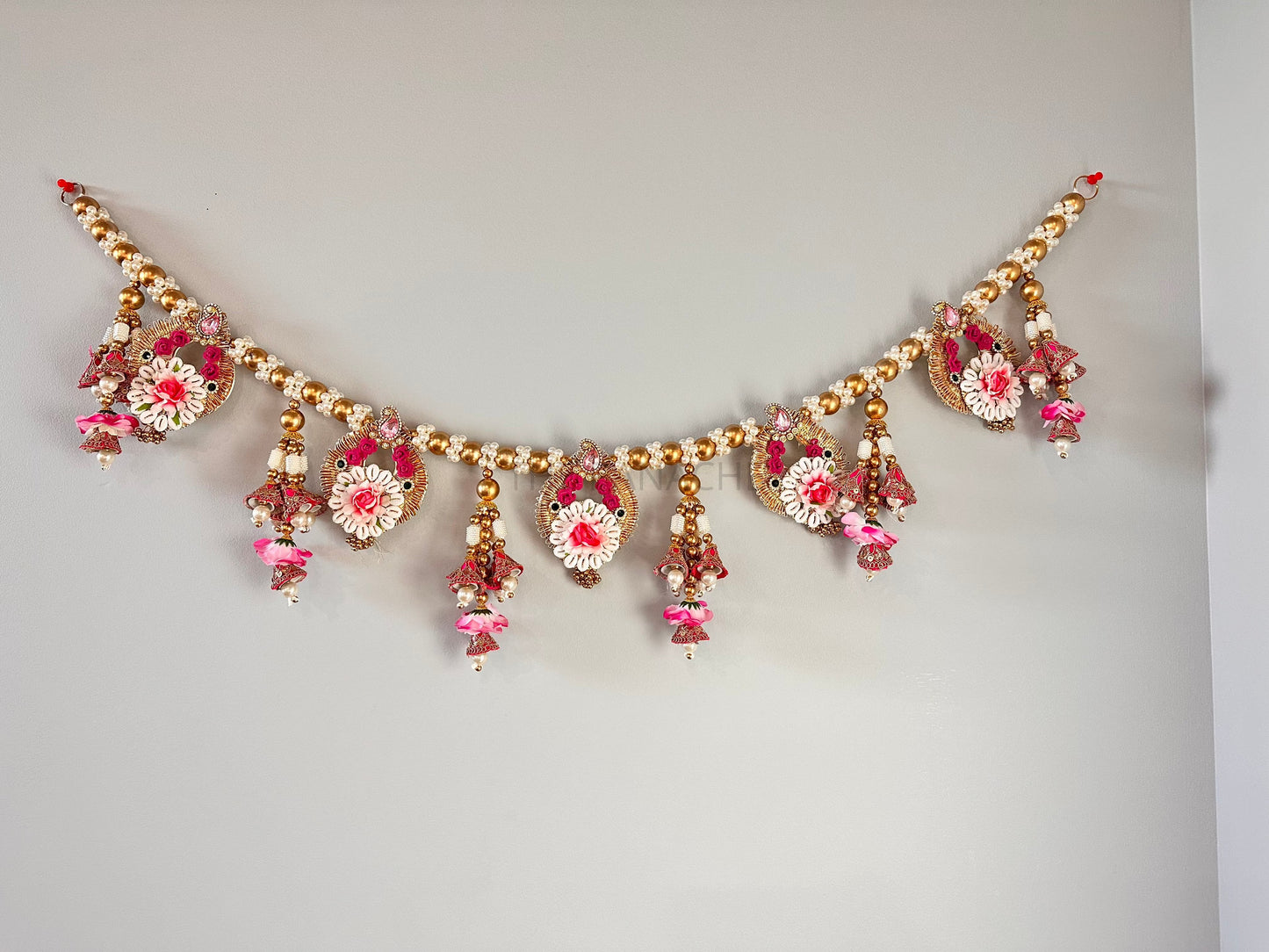 Pink Flower Mini Cone Golden Beads Kodi Toran