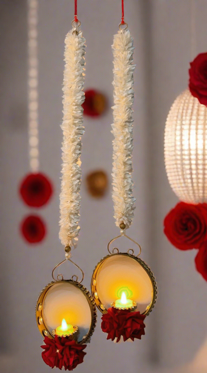 Red Rose Metal Lamp Kundan Studded White Hangings