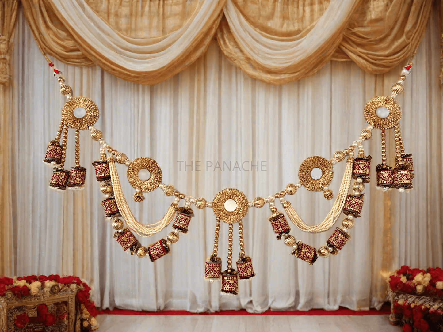 Red Cylindrical Golden Beads, Round Mirror, and Pearl Toran