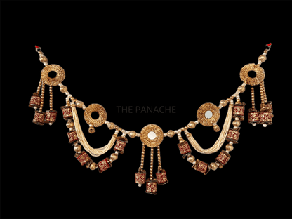 Red Cylindrical Golden Beads, Round Mirror, and Pearl Toran