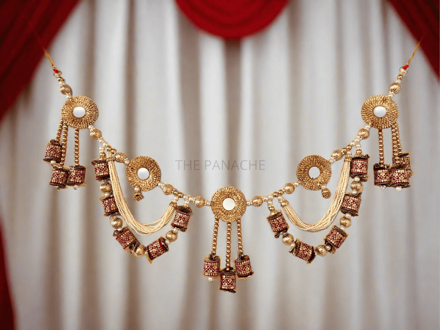 Red Cylindrical Golden Beads, Round Mirror, and Pearl Toran