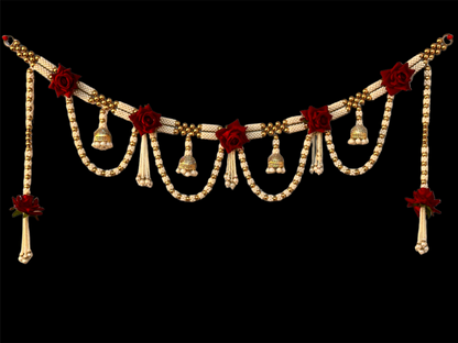 Red Rose Pearl Gold Beads Toran with Jumkha Hangings