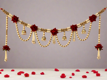 Red Rose Pearl Gold Beads Toran with Jumkha Hangings