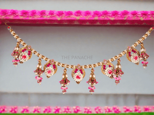 Pink Flower Mini Cone Golden Beads Kodi Toran