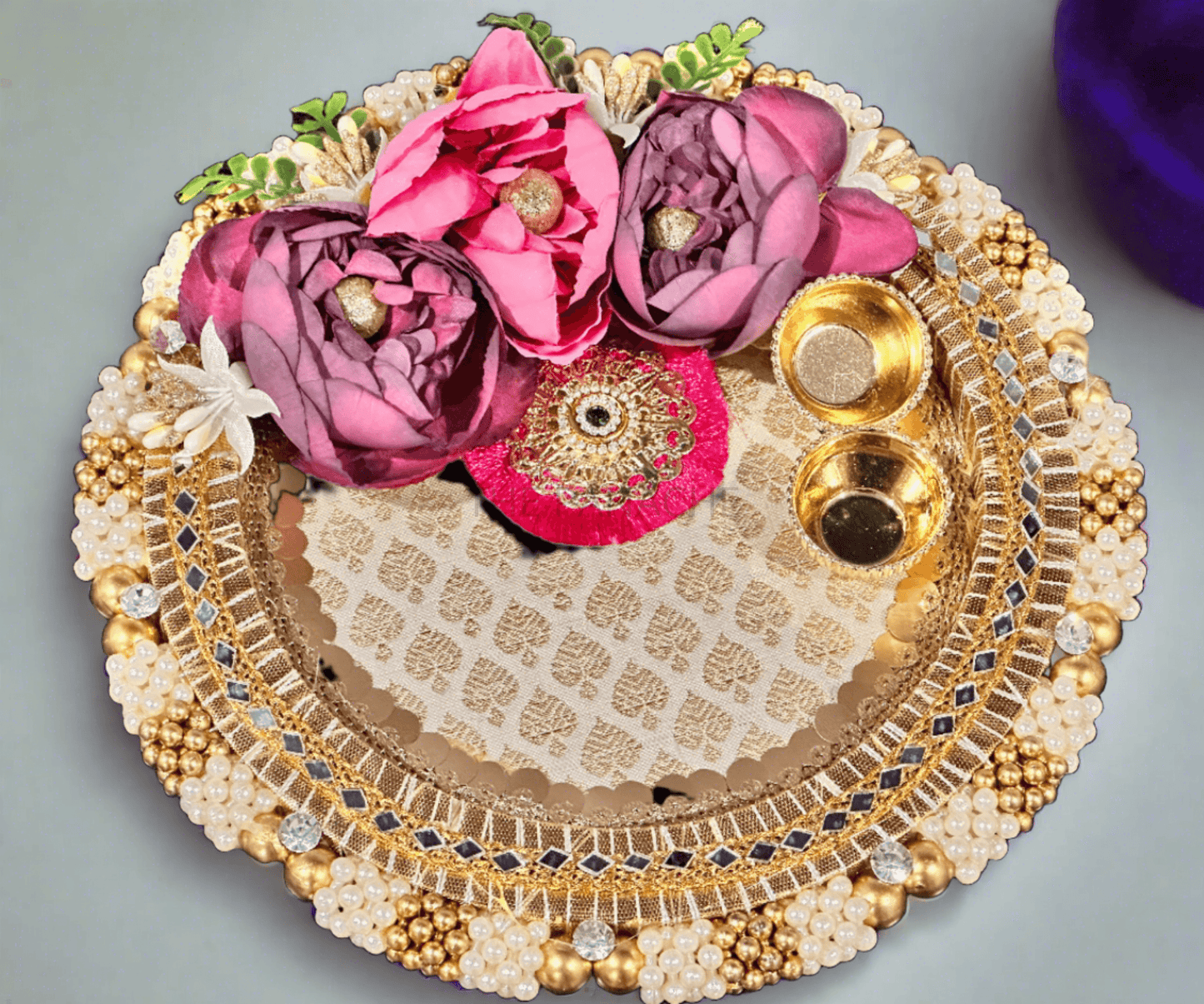 Purple Pink Rose Pearl Pooja Thali