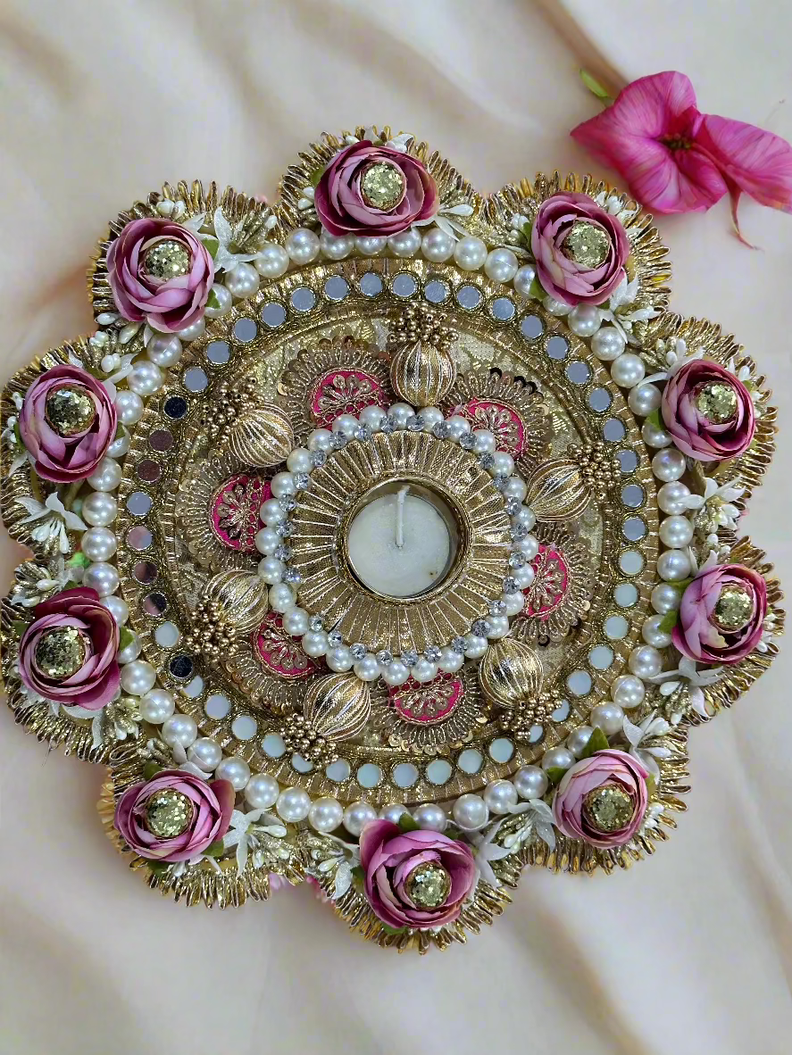 Pink Floral Deatachable Pooja Thali