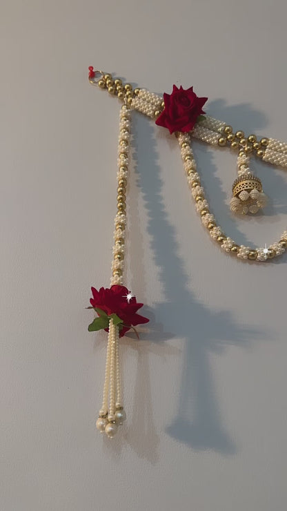 Red Rose Pearl Gold Beads Toran with Jumkha Hangings