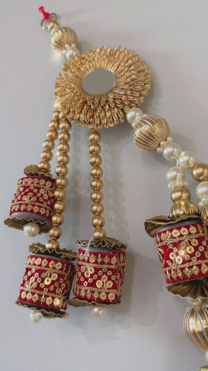 Red Cylindrical Golden Beads, Round Mirror, and Pearl Toran